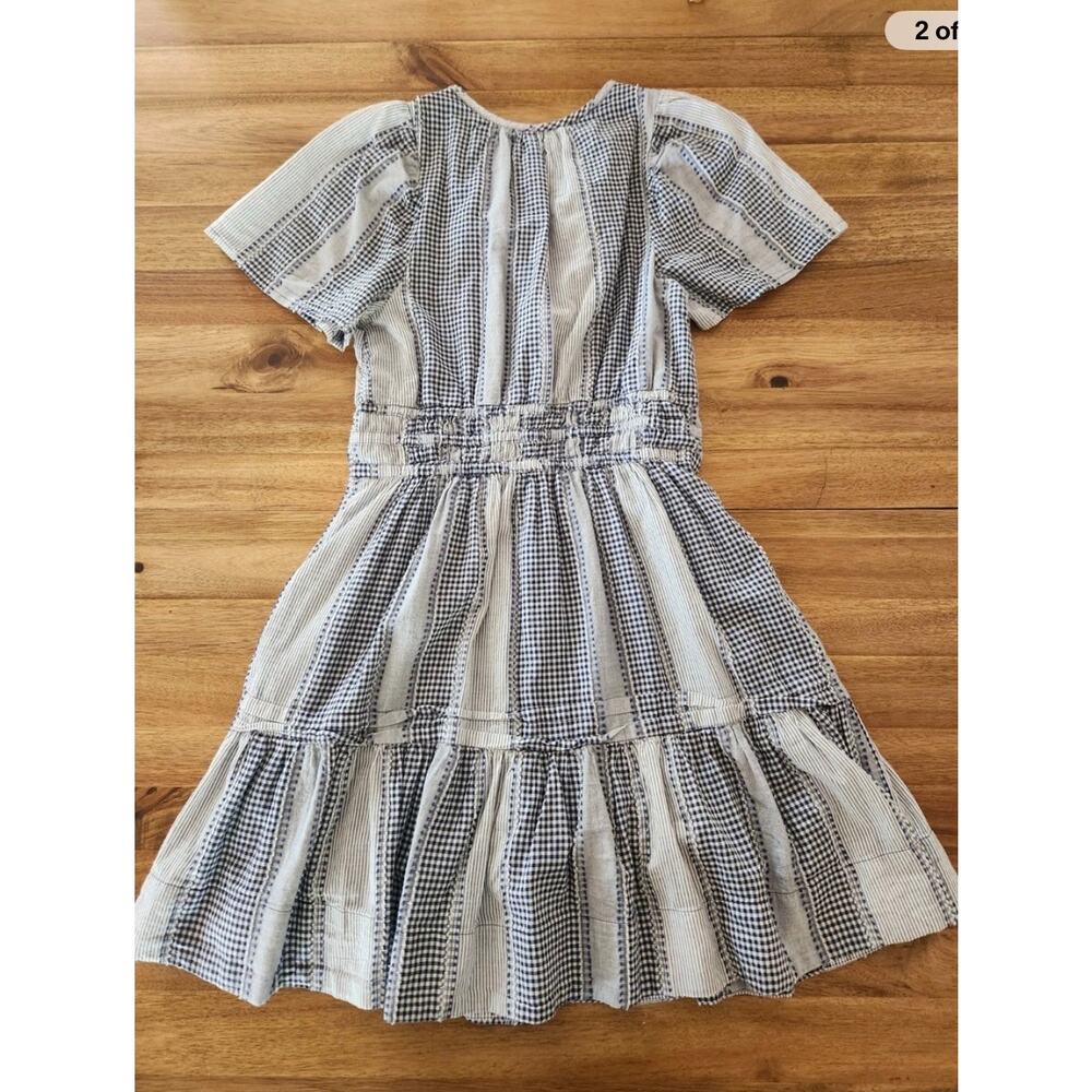 Anthropologie Somerset Blue Gingham Patchwork Fall Preppy Cottagecore Mini Dress - Picture 3 of 5